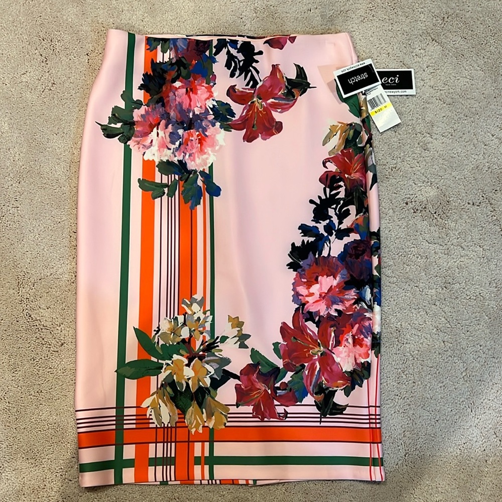 ECI New York stretch floral midi skirt